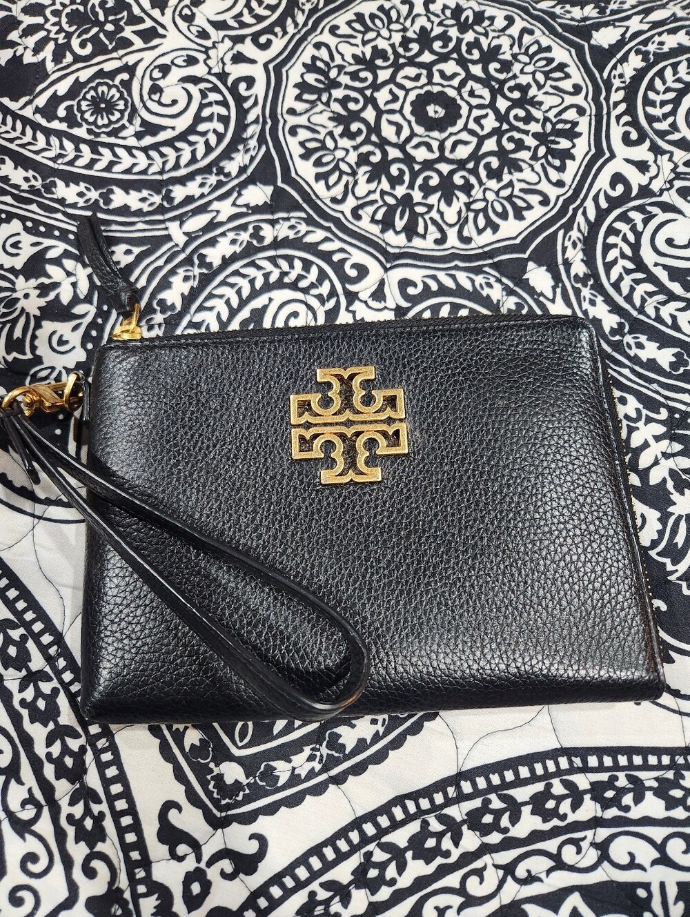Tory Burch Black Leather Wristlet Clutch with Gold Logo